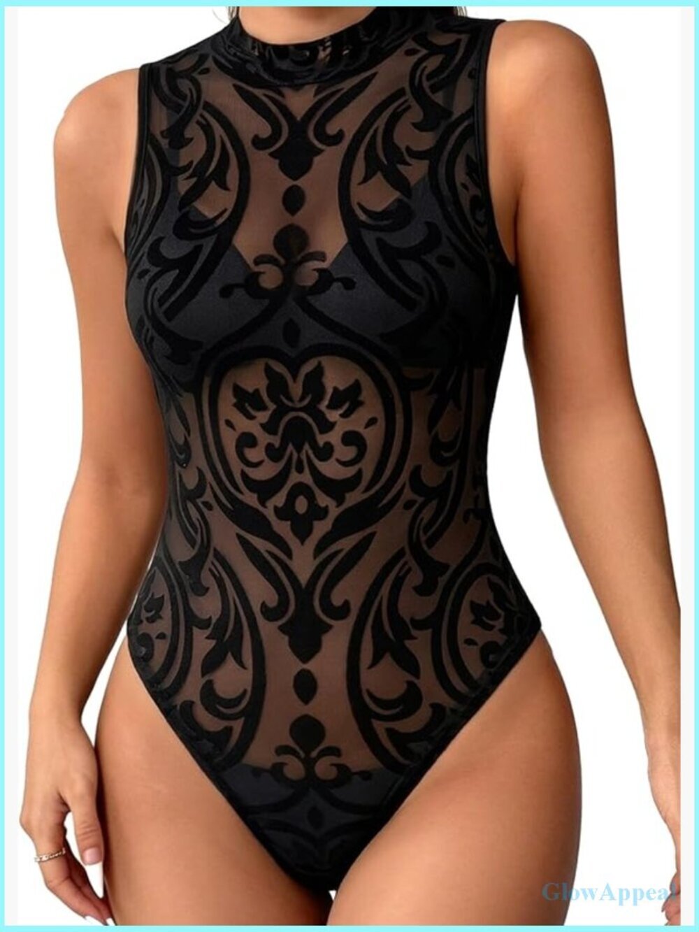 Mock Neck Sleeveless Sheer Mesh Bodysuit Leotard Top Club Wear
